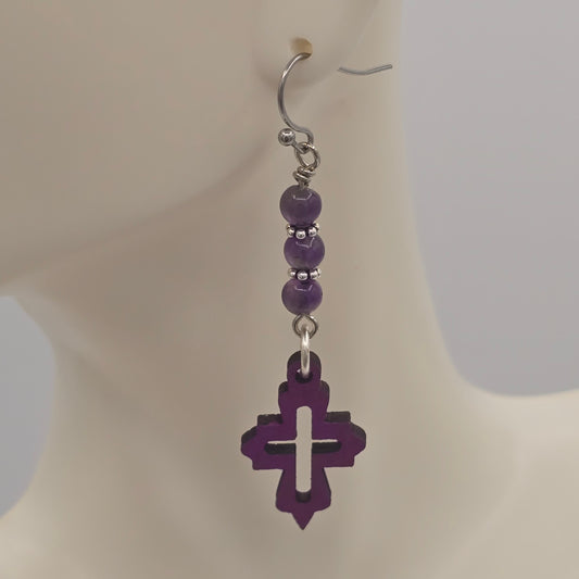 Laser Cut Wood Earrings in Purple Cross & Amethyst Beads on Stainless Steel Ear Wires