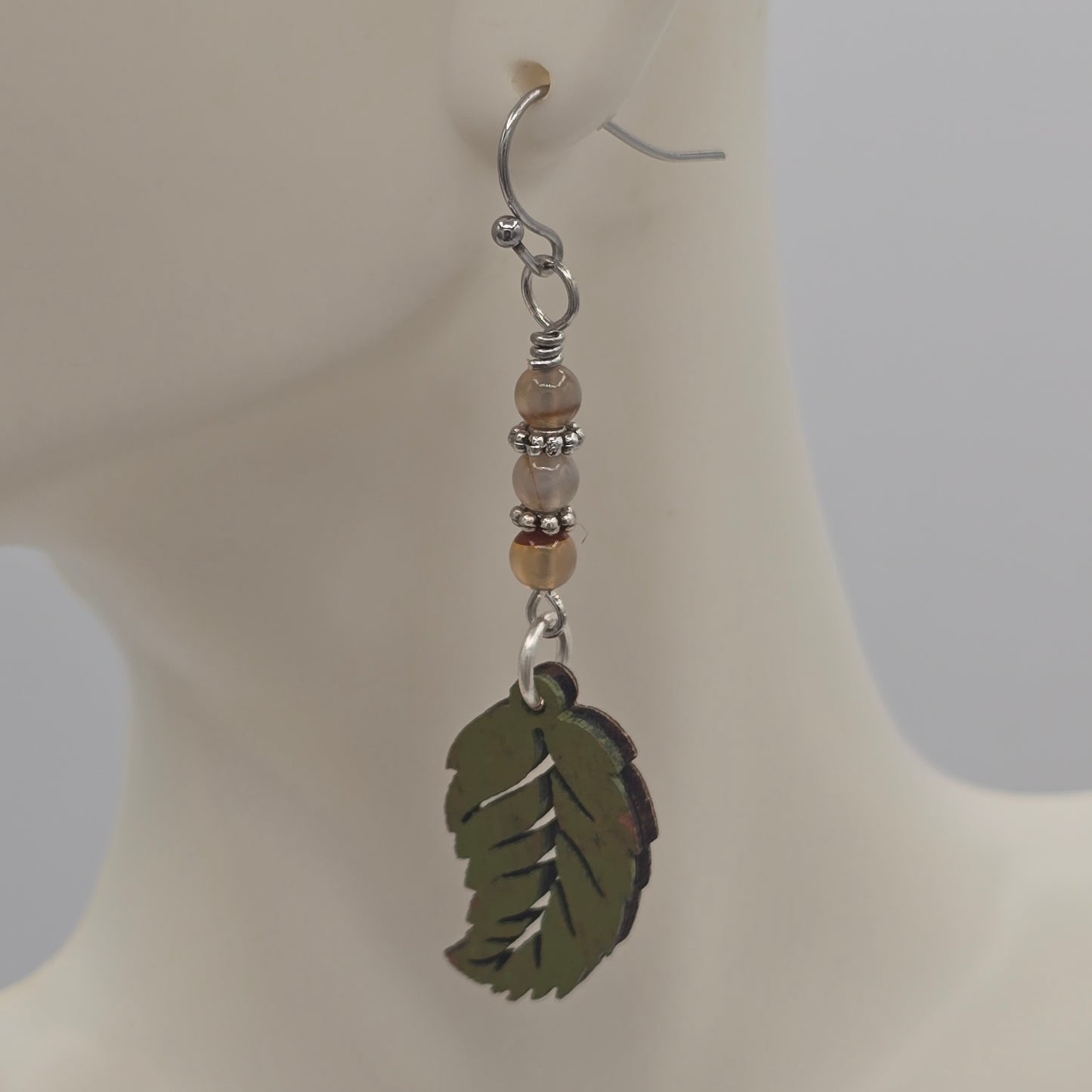 Laser Cut Wood Leaves Painted Olive Green With Carnelian on Stainless Steel Ear WIres