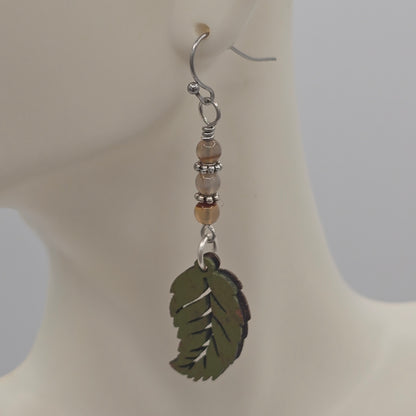 Laser Cut Wood Leaves Painted Olive Green With Carnelian on Stainless Steel Ear WIres