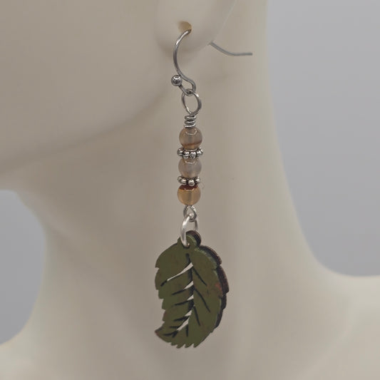 Laser Cut Wood Leaves Painted Olive Green With Carnelian on Stainless Steel Ear WIres