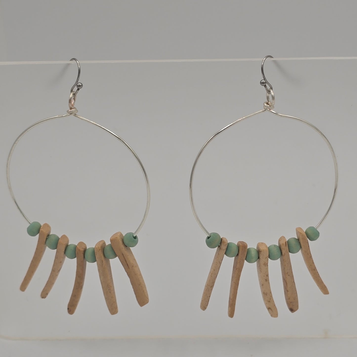 Large Wire Hoop Earrings With Cream Spikes & Blue Rounds on Stainless Ear Wires