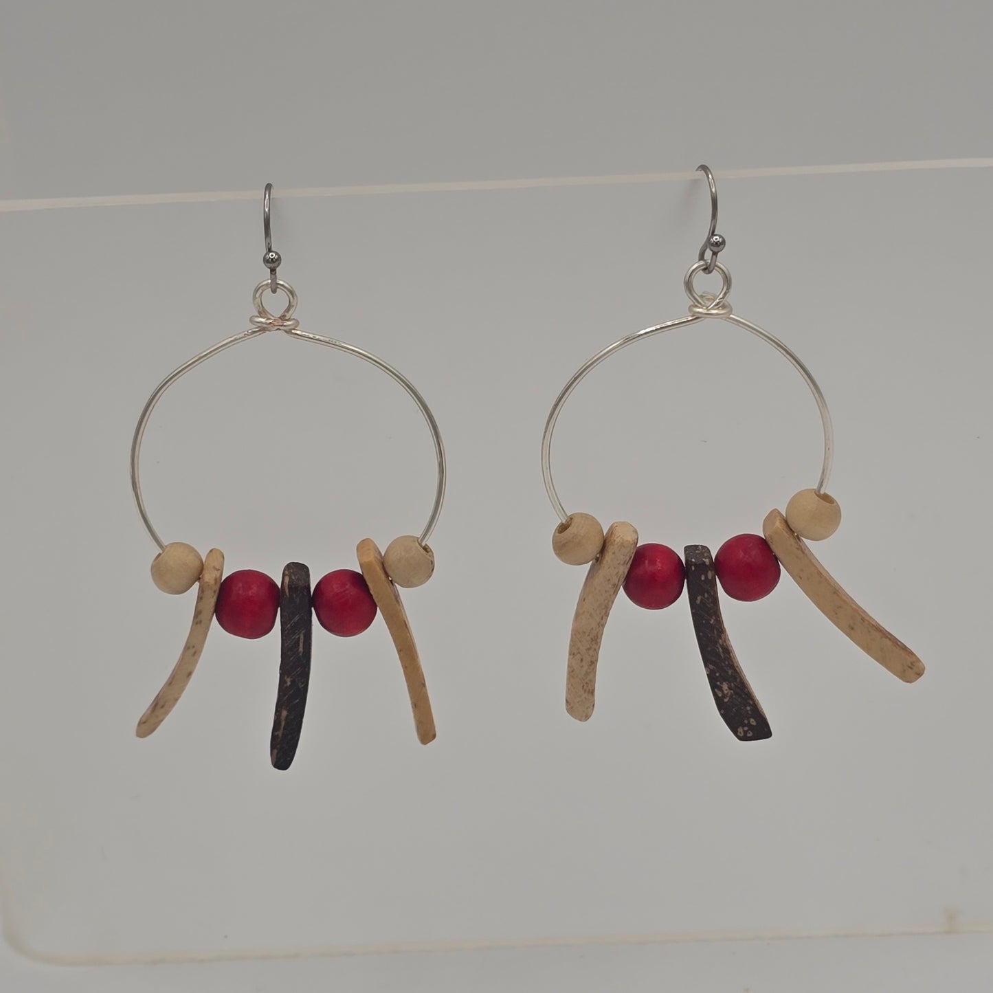 Medium Wire Wire Hoops With Cream Spikes & Red/Cream Rounds on Stainless Steel Ear Wires