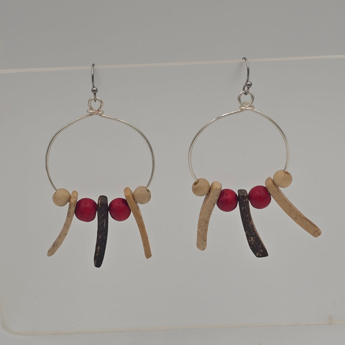 Medium Wire Wire Hoops With Cream Spikes &amp; Red/Cream Rounds on Stainless Steel Ear Wires