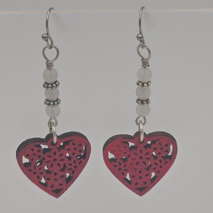 Red Laser Cut Wood Heart and White Quartzite on Stainless Steel Ear Wires