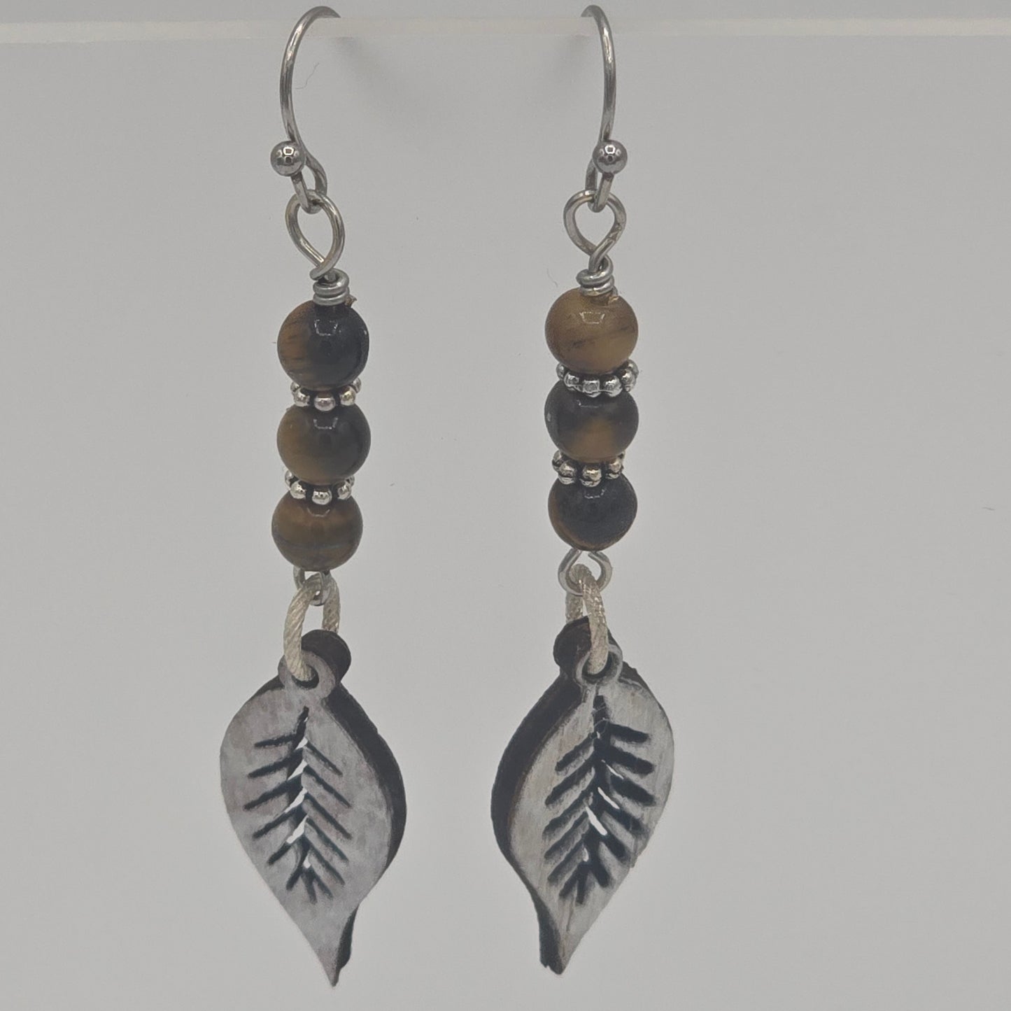 Laser Cut Wood Leaves Painted White Marble With Tiger's Eye on Stainless Steel Ear Wires