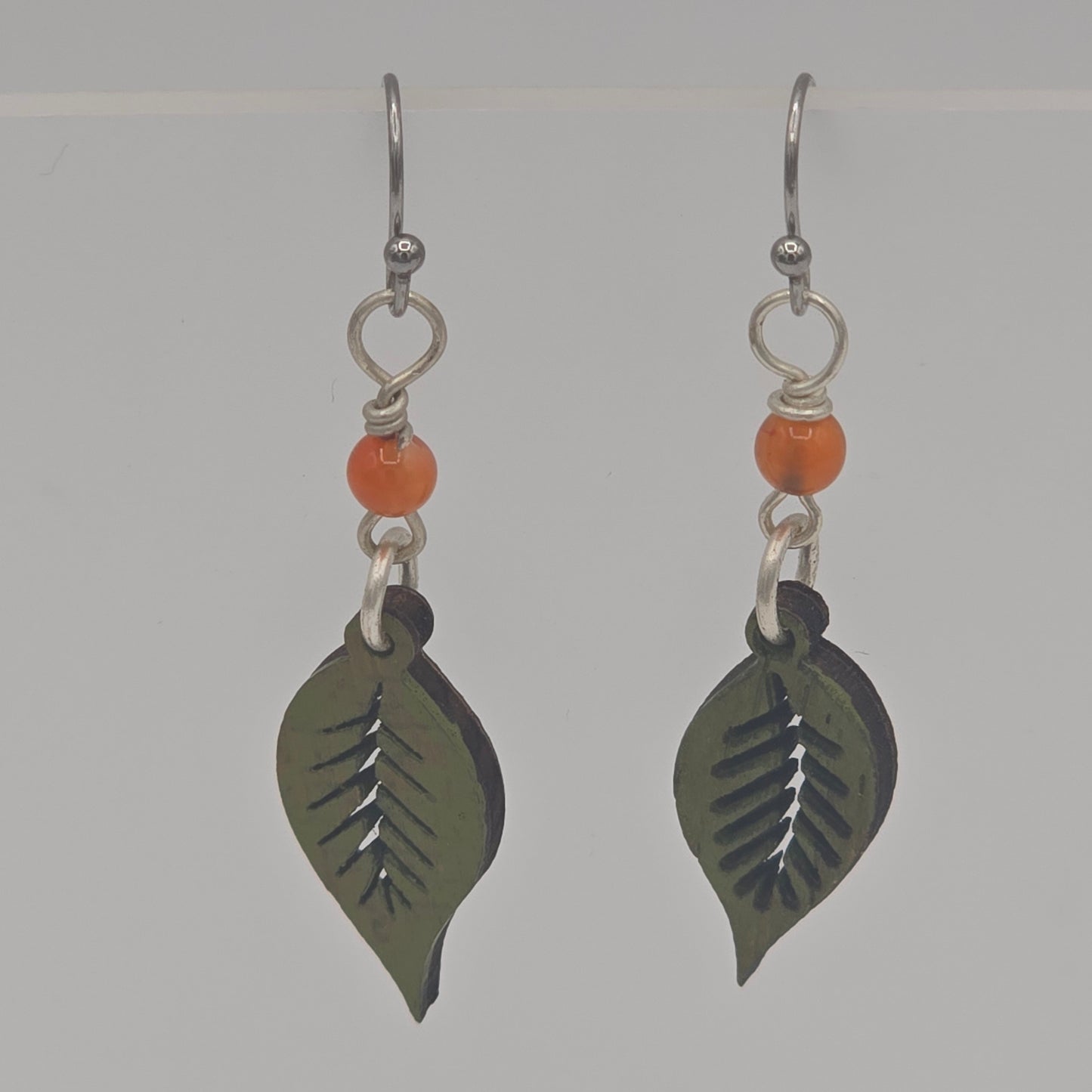 Olive Green Laser Cut Wood Earrings With Orange Quartzite on Stainless Steel Ear Wires