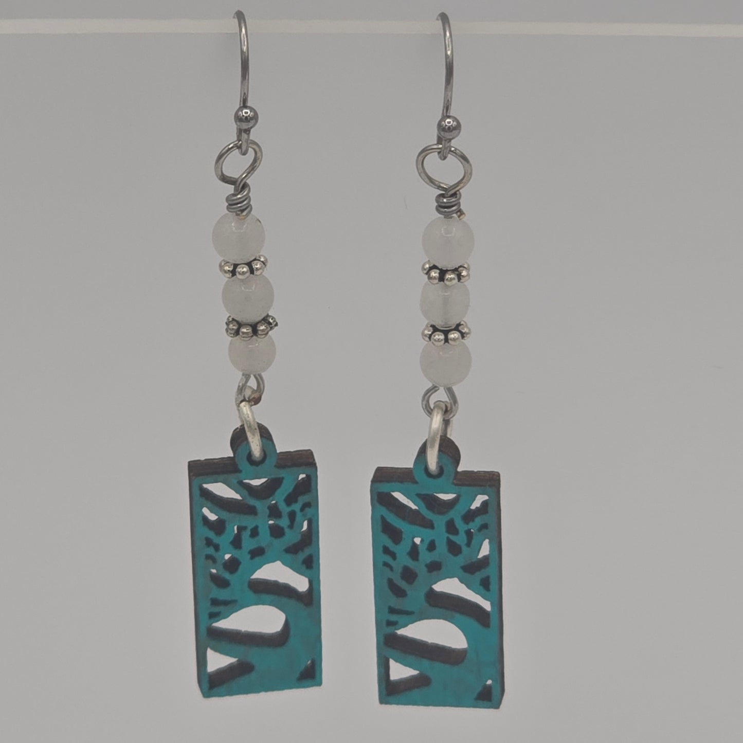 Laser Cut Wood "Trees" Painted Teal Blue & White Quartzite on Stainless Steel Ear Wires