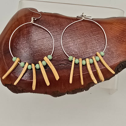 Large Wire Hoop Earrings With Cream Spikes & Blue Rounds on Stainless Ear Wires