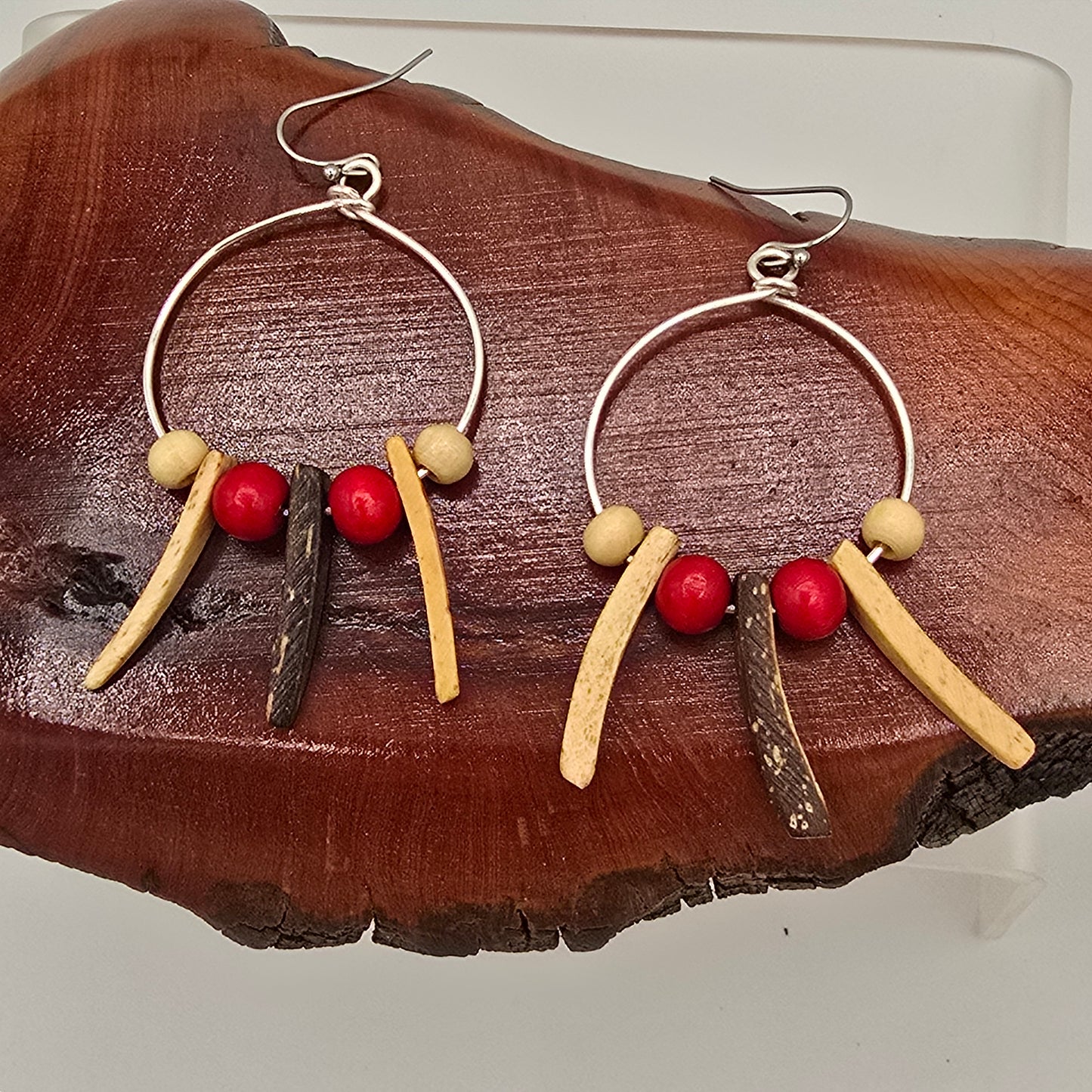 Medium Wire Wire Hoops With Cream Spikes & Red/Cream Rounds on Stainless Steel Ear Wires