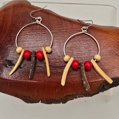 Medium Wire Wire Hoops With Cream Spikes & Red/Cream Rounds on Stainless Steel Ear Wires