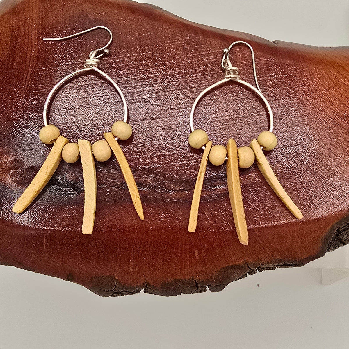 Small Wire Hoop Earrings With Cream Wood Spikes &amp; Beads on Stainless Steel Ear Wires