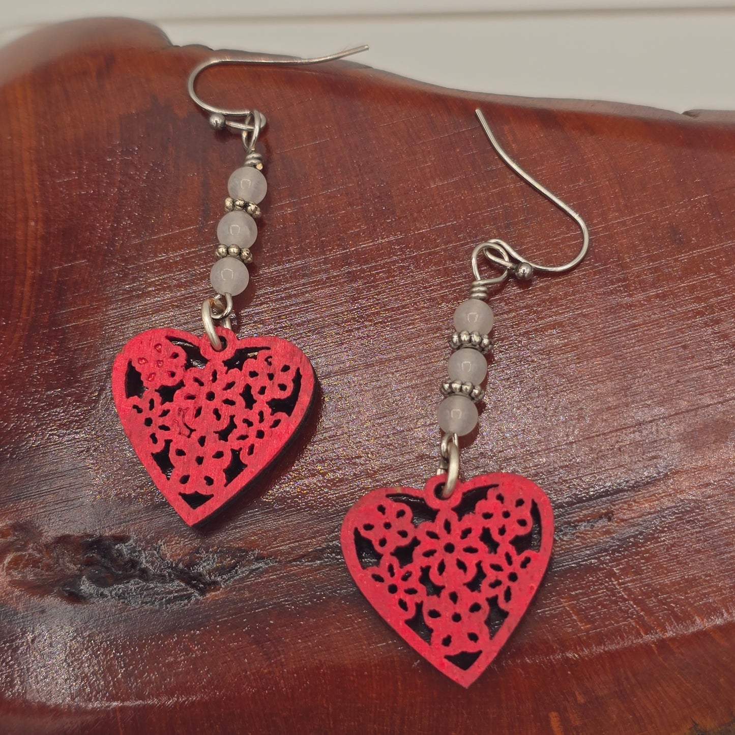 Red Laser Cut Wood Heart and White Quartzite on Stainless Steel Ear Wires