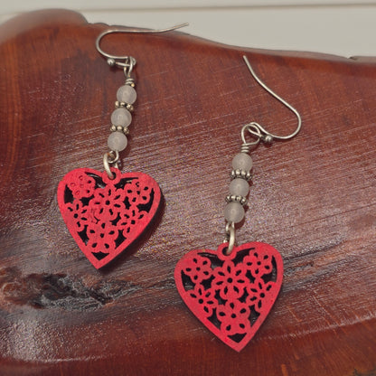 Red Laser Cut Wood Heart and White Quartzite on Stainless Steel Ear Wires