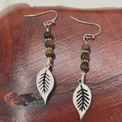 Laser Cut Wood Leaves Painted White Marble With Tiger's Eye on Stainless Steel Ear Wires