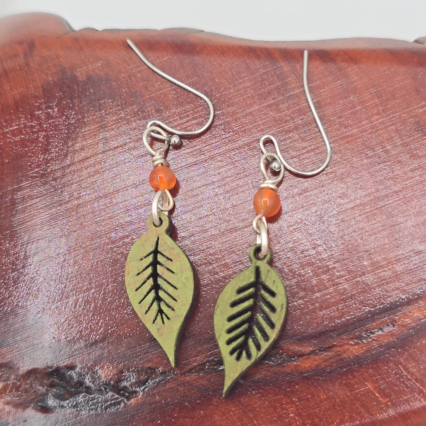 Olive Green Laser Cut Wood Earrings With Orange Quartzite on Stainless Steel Ear Wires