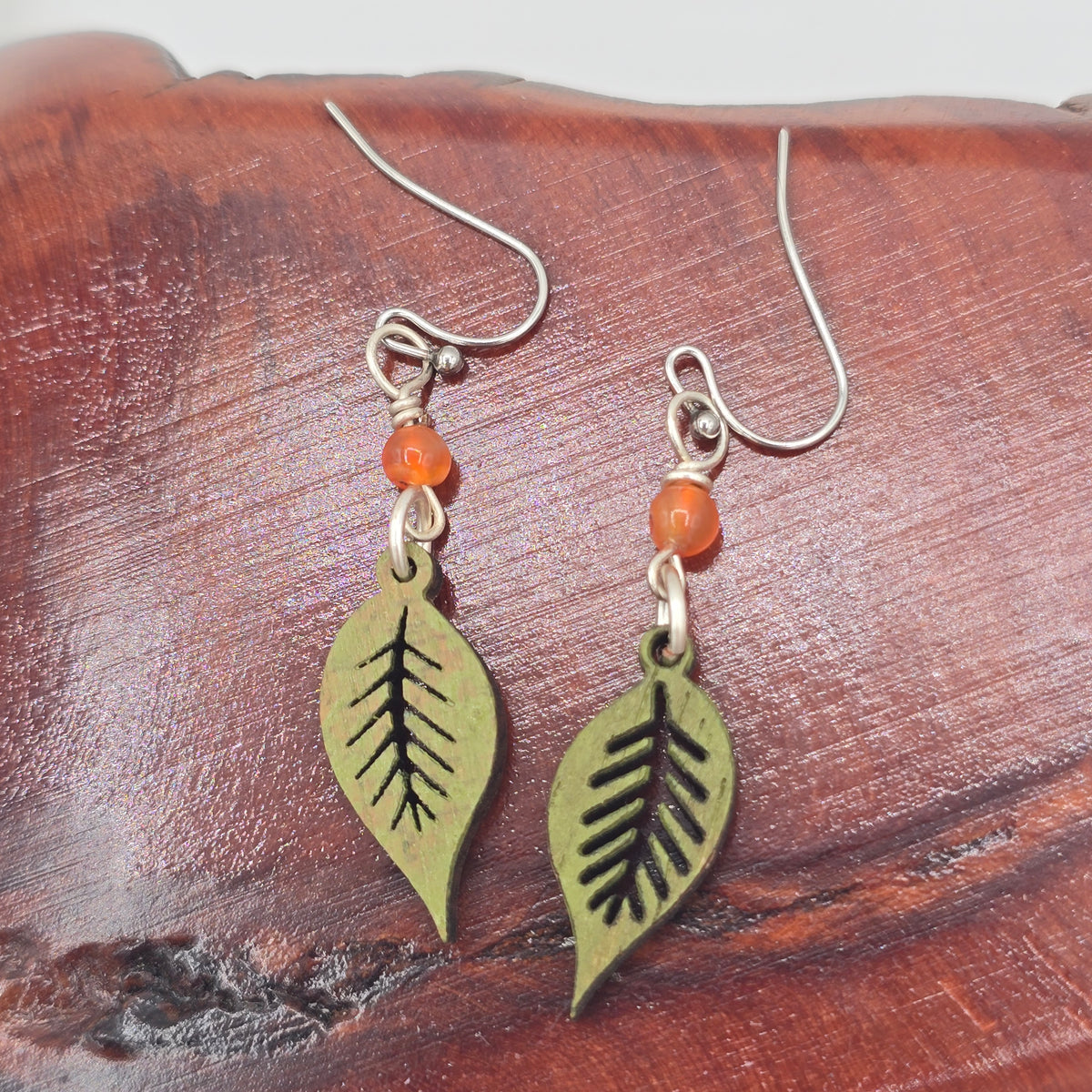 Olive Green Laser Cut Wood Earrings With Orange Quartzite on Stainless Steel Ear Wires
