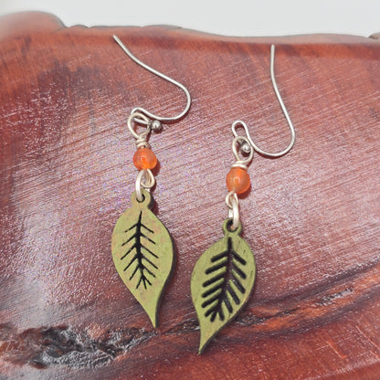 Olive Green Laser Cut Wood Earrings With Orange Quartzite on Stainless Steel Ear Wires