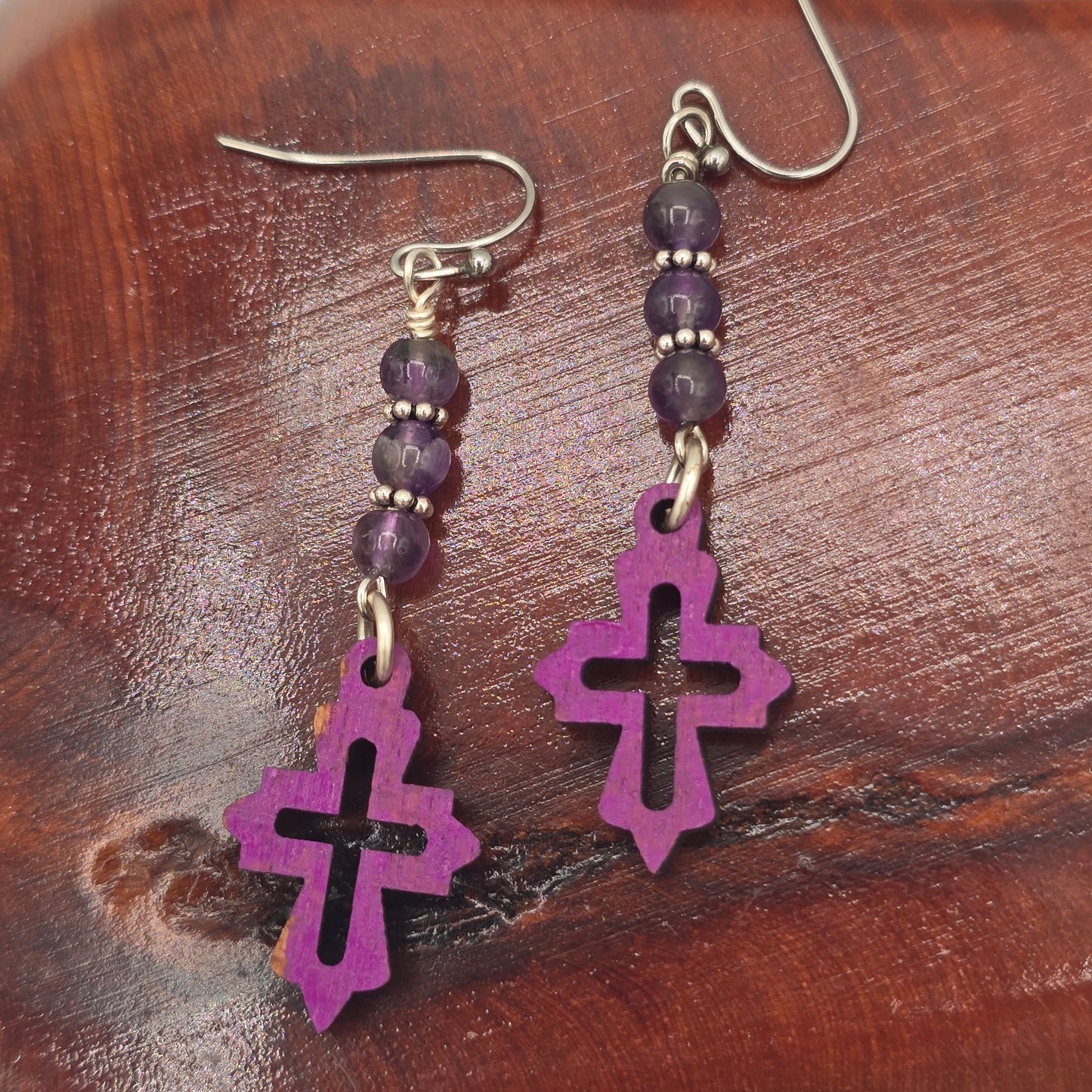 Laser Cut Wood Earrings in Purple Cross & Amethyst Beads on Stainless Steel Ear Wires