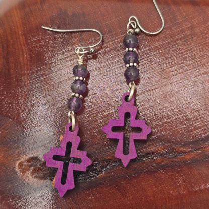 Laser Cut Wood Earrings in Purple Cross & Amethyst Beads on Stainless Steel Ear Wires