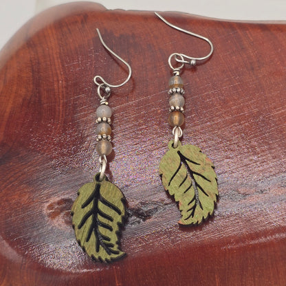 Laser Cut Wood Leaves Painted Olive Green With Carnelian on Stainless Steel Ear WIres