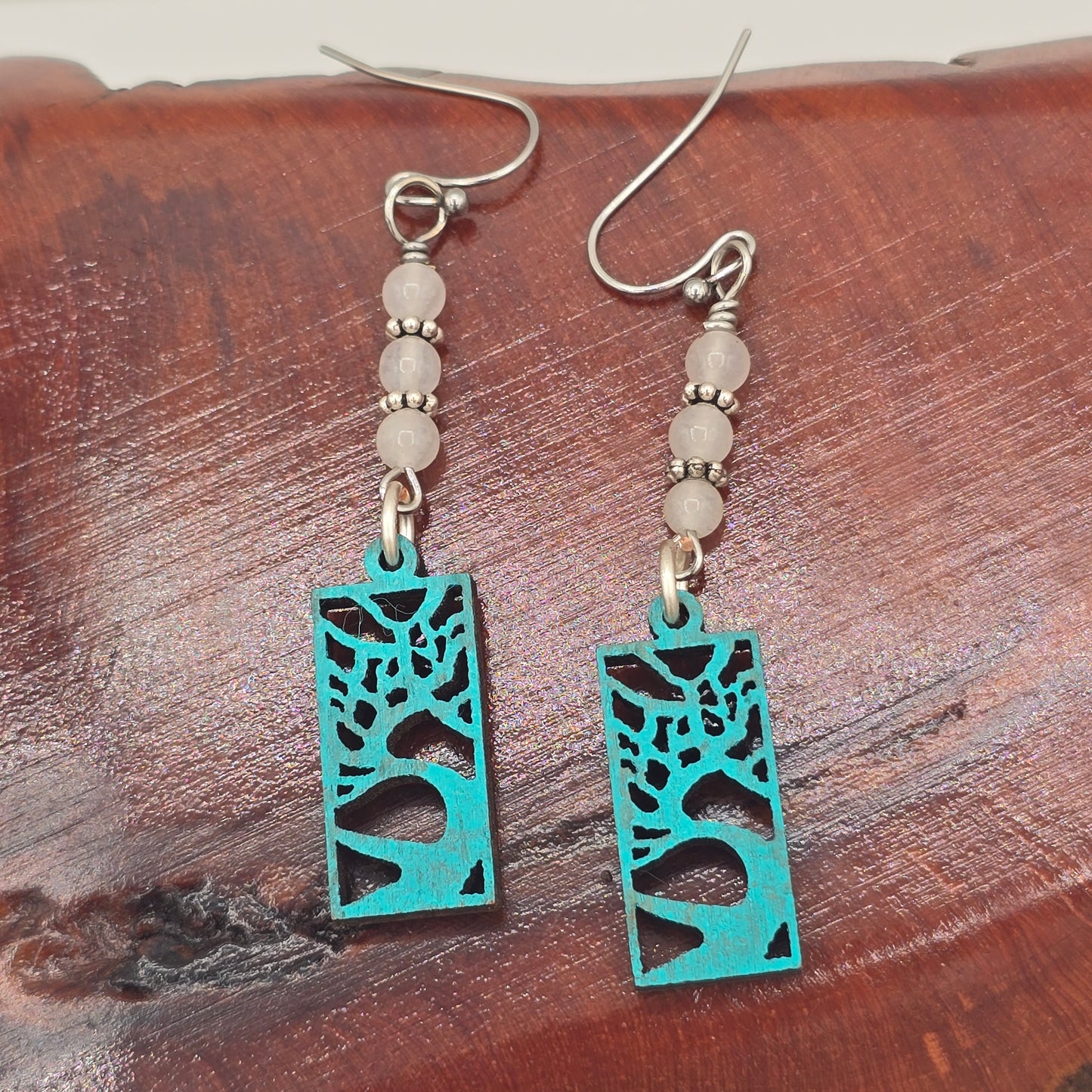 Laser Cut Wood "Trees" Painted Teal Blue & White Quartzite on Stainless Steel Ear Wires