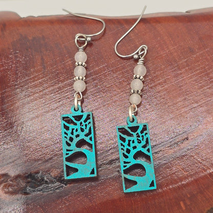 Laser Cut Wood "Trees" Painted Teal Blue & White Quartzite on Stainless Steel Ear Wires
