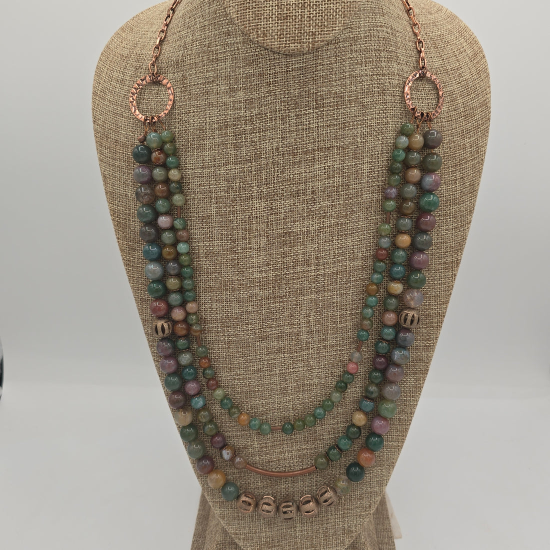 Multi-Color Agate &amp; Antique Copper Triple Strand Necklace