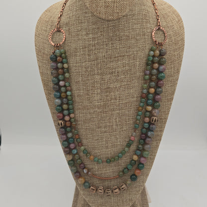 Multi-Color Agate &amp; Antique Copper Triple Strand Necklace