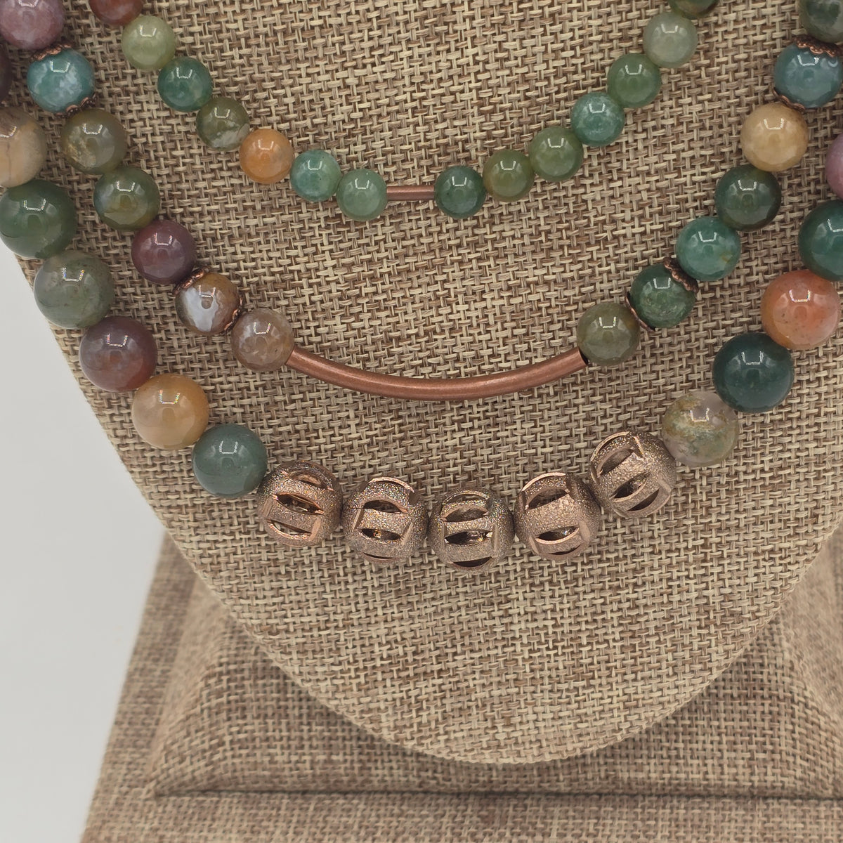 Multi-Color Agate &amp; Antique Copper Triple Strand Necklace
