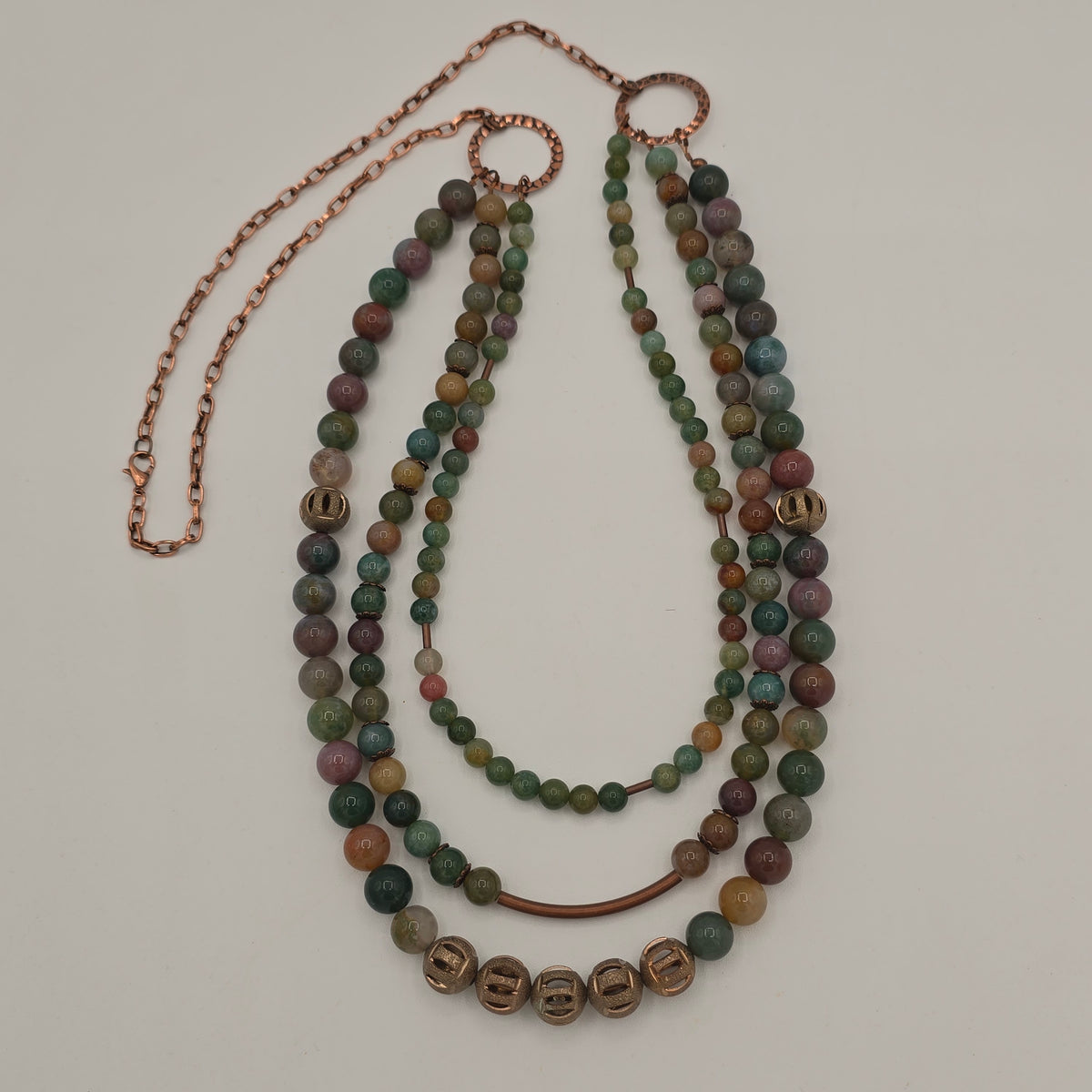 Multi-Color Agate &amp; Antique Copper Triple Strand Necklace