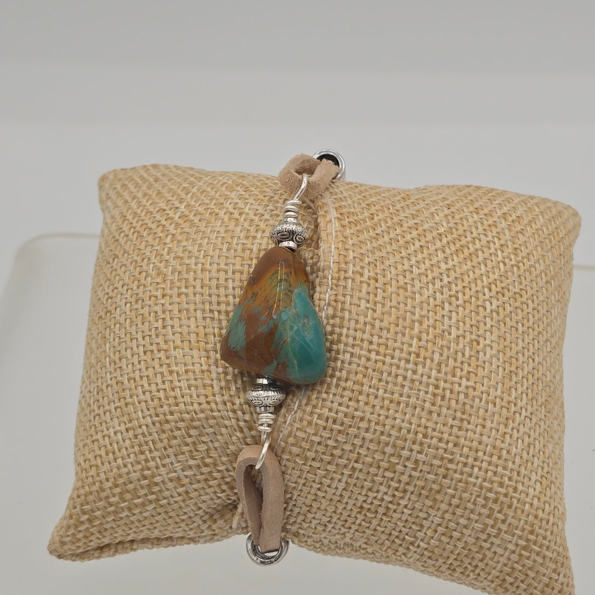 Turquoise Nugget on Tan Suede Leather With Silver Tone Accents