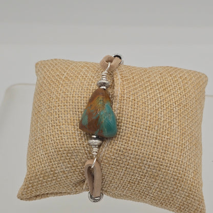Turquoise Nugget on Tan Suede Leather With Silver Tone Accents