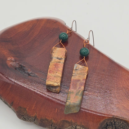 Red Creek Jasper Sticks &amp; Dark Green Aventurine on Antique Copper Ear Wires