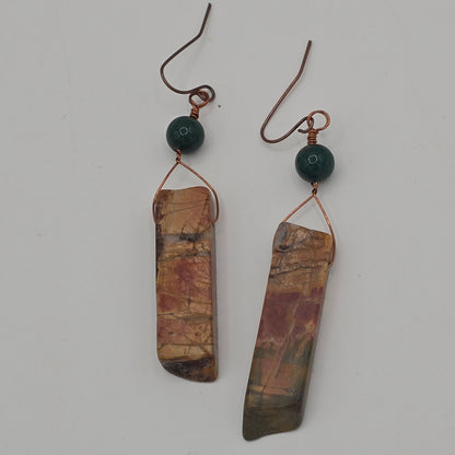 Red Creek Jasper Sticks &amp; Dark Green Aventurine on Antique Copper Ear Wires