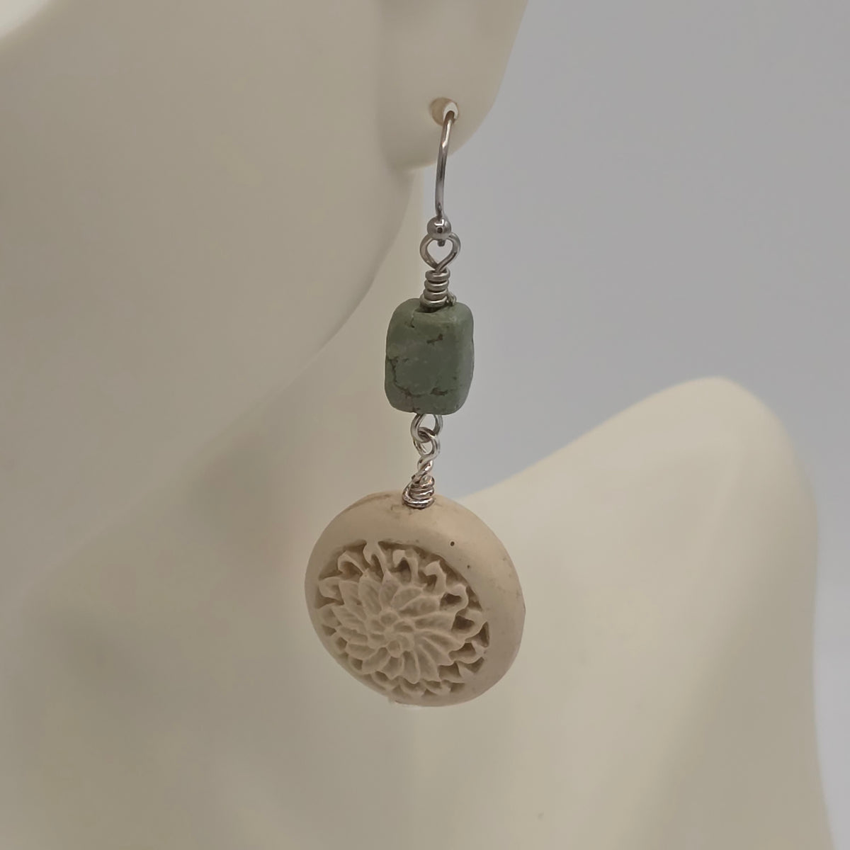 Turquoise Nuggets and Carved Wood Earrings on Stainless Steel Ear Wires