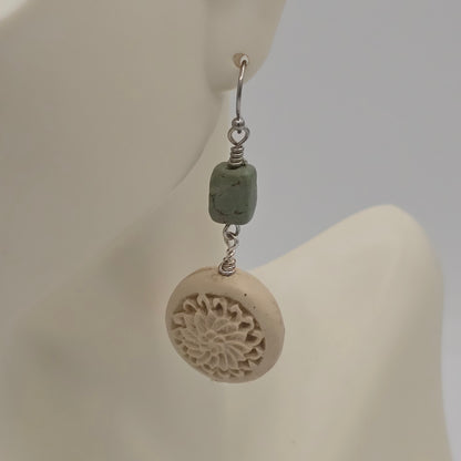 Turquoise Nuggets and Carved Wood Earrings on Stainless Steel Ear Wires