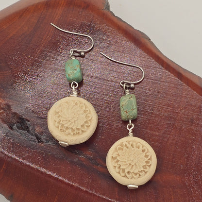 Turquoise Nuggets and Carved Wood Earrings on Stainless Steel Ear Wires