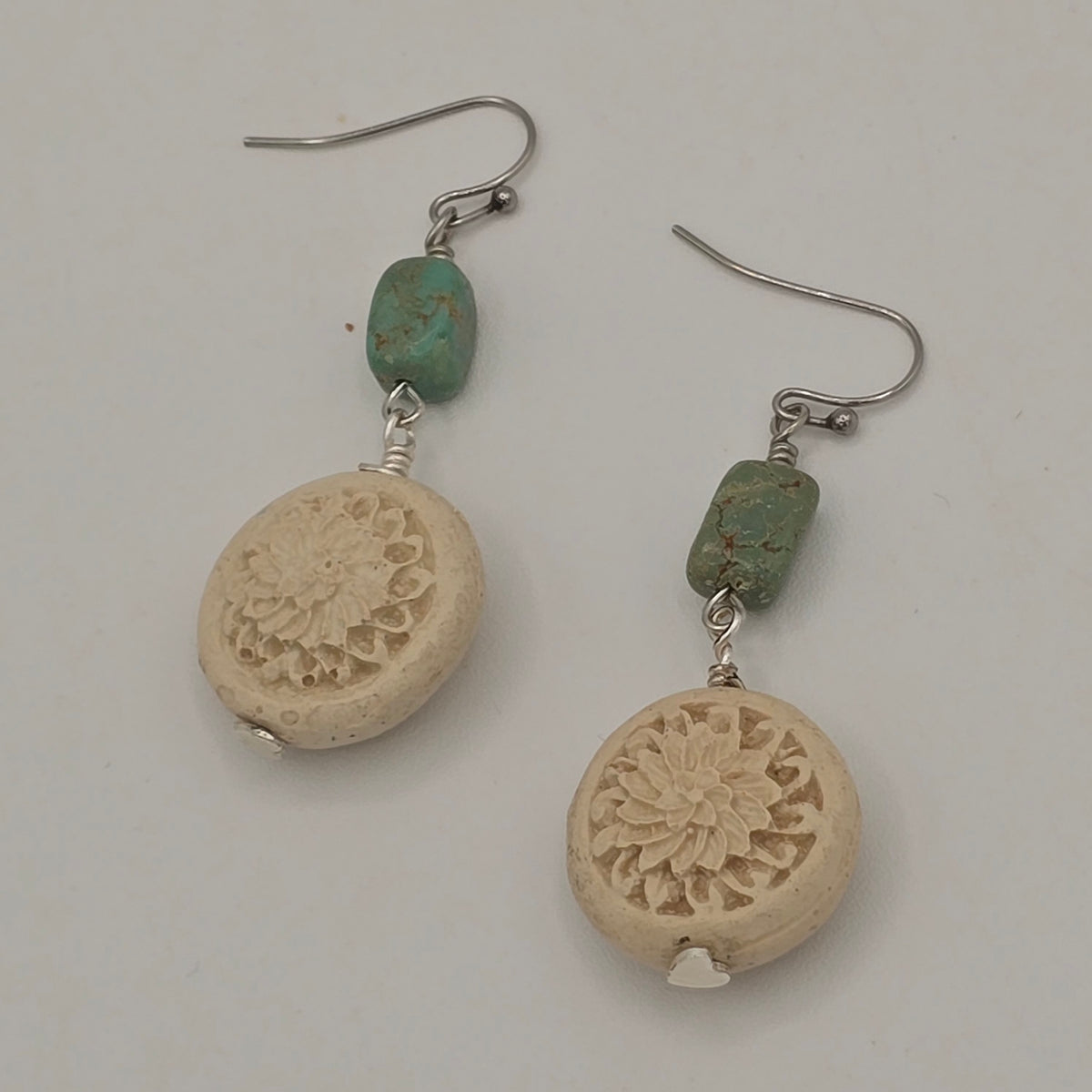 Turquoise Nuggets and Carved Wood Earrings on Stainless Steel Ear Wires