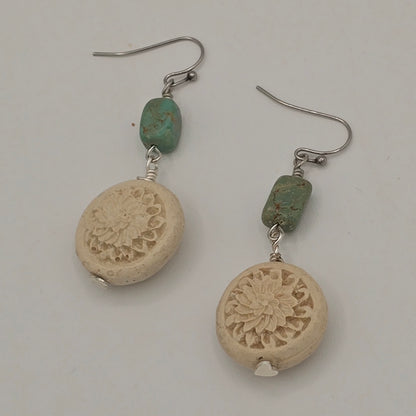 Turquoise Nuggets and Carved Wood Earrings on Stainless Steel Ear Wires