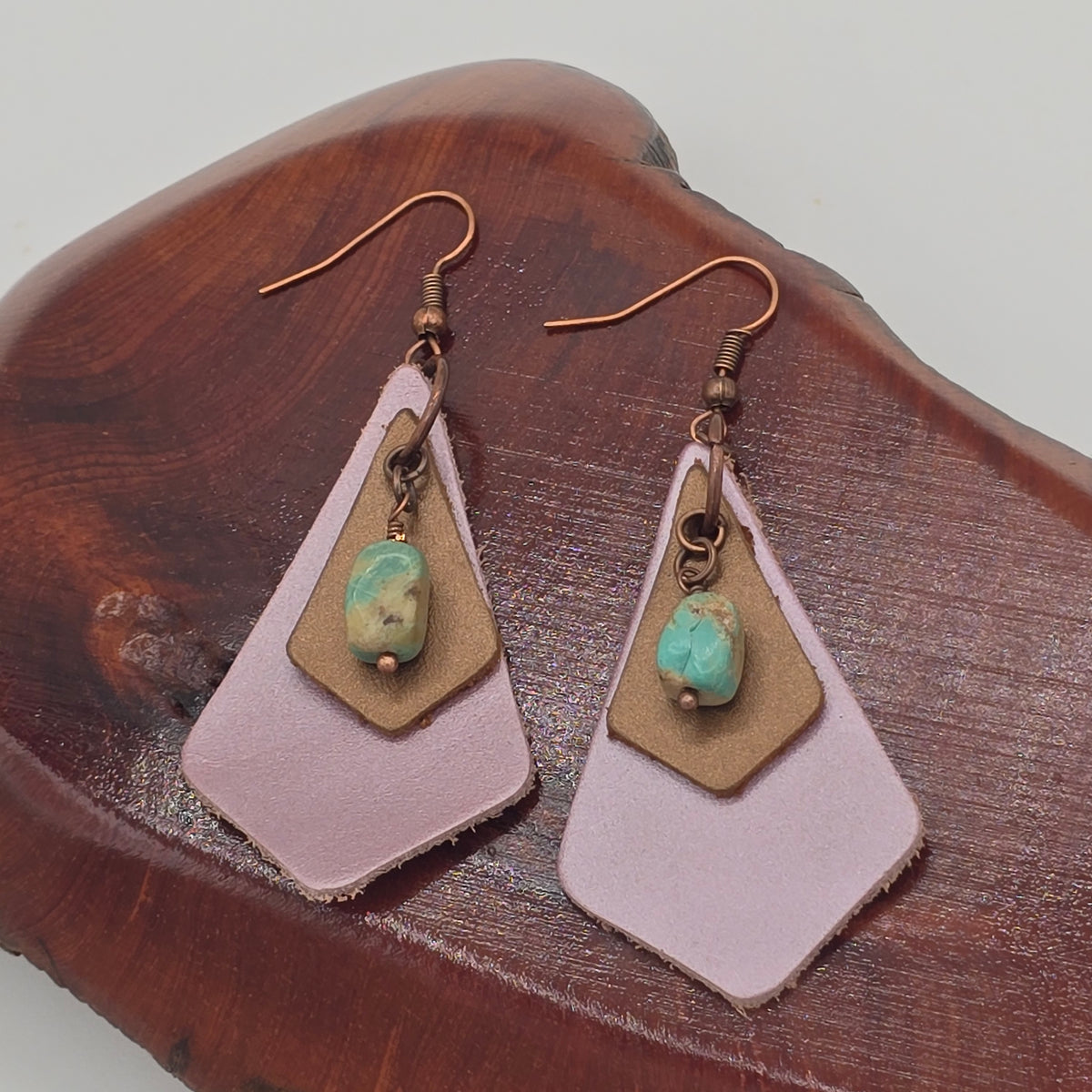 Turquoise and Rose &amp; Bronze Leather Earrings on Antique Copper Ear Wires