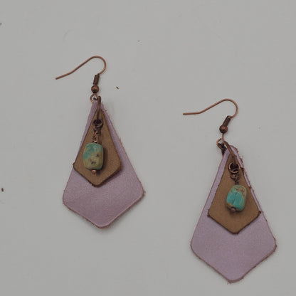 Turquoise and Rose &amp; Bronze Leather Earrings on Antique Copper Ear Wires