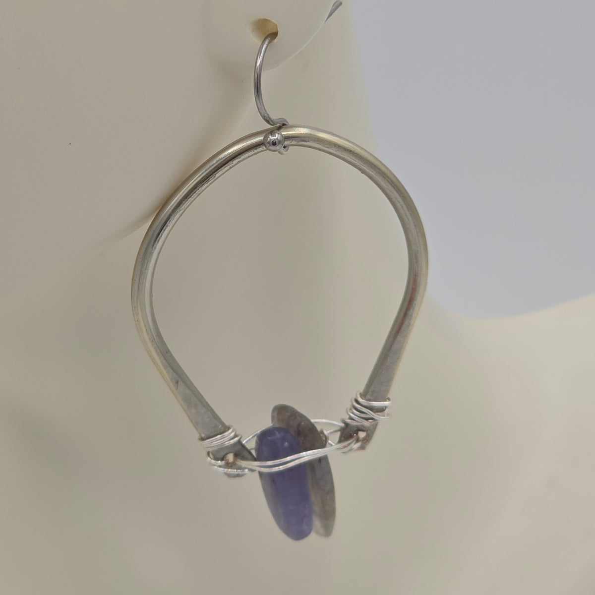 Tanzanite Teeth on Hammered Hoops on Stainless Steel Ear Wires
