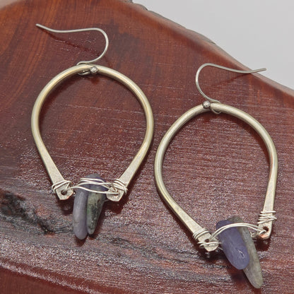 Tanzanite Teeth on Hammered Hoops on Stainless Steel Ear Wires