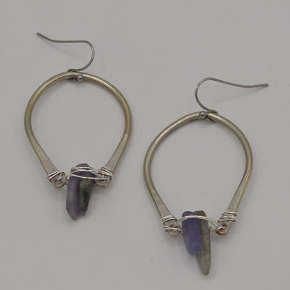 Tanzanite Teeth on Hammered Hoops on Stainless Steel Ear Wires