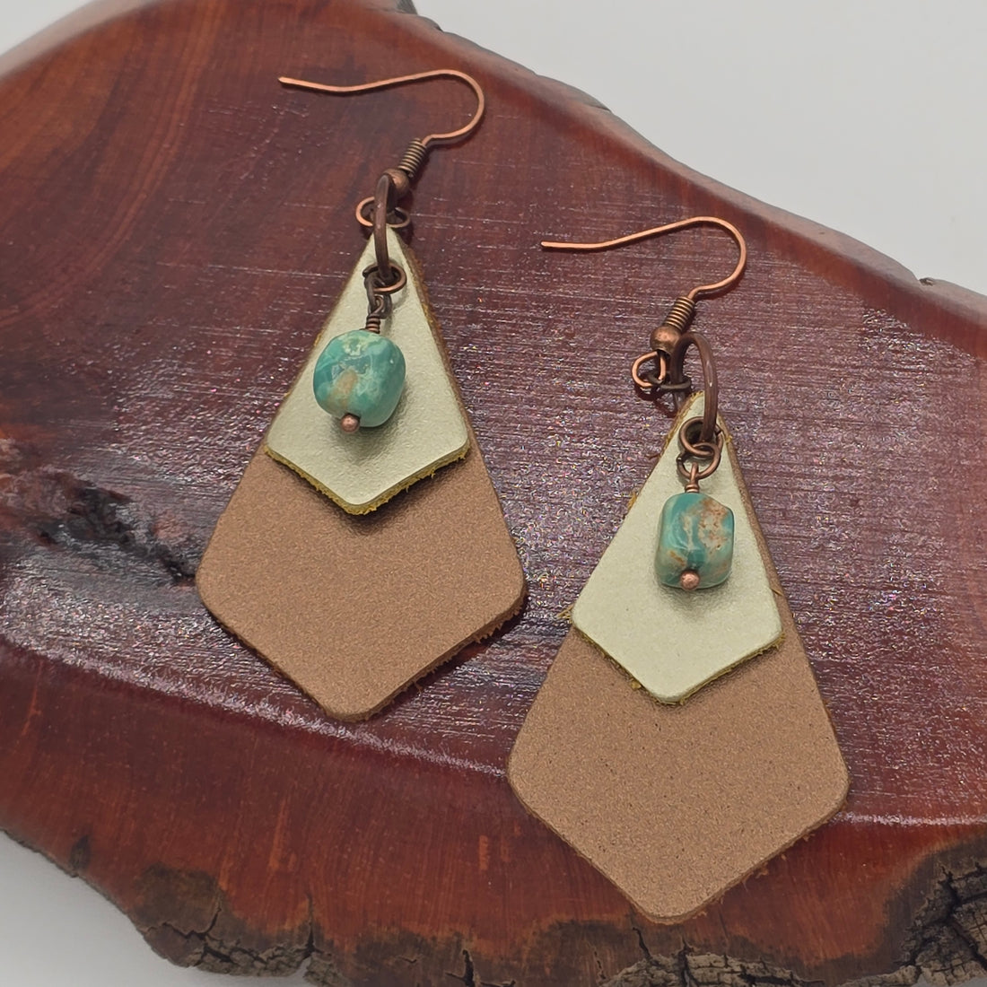 Turquoise Nuggets and Metallic Bronze &amp; Gold Leather Earrings on Antique Copper Ear Wires