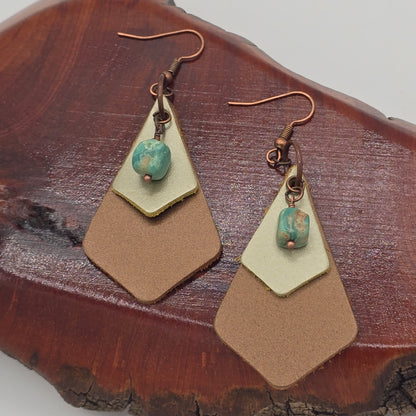 Turquoise Nuggets and Metallic Bronze &amp; Gold Leather Earrings on Antique Copper Ear Wires