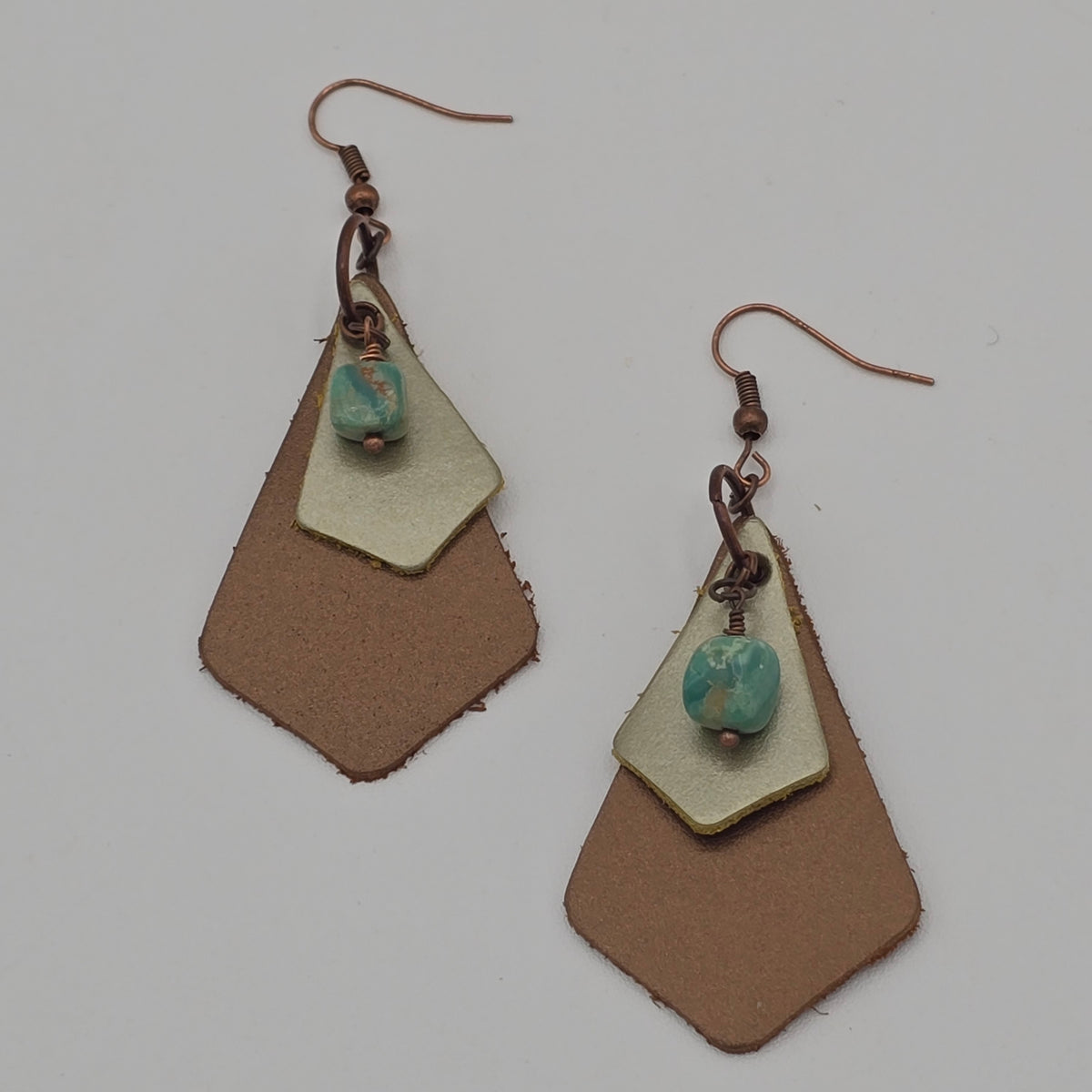 Turquoise Nuggets and Metallic Bronze &amp; Gold Leather Earrings on Antique Copper Ear Wires