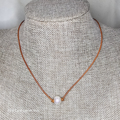 Extra Large Freshwater Pearl on Natural Brick Leather Choker