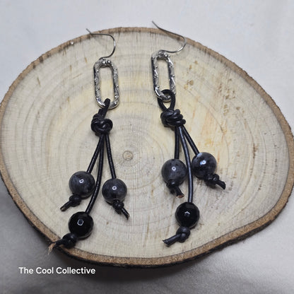 Silver & Crystal Focal, Black Labradorite & Onyx Beads, Silver Tone Accents on Adjustable Black Leather & Earrings Set