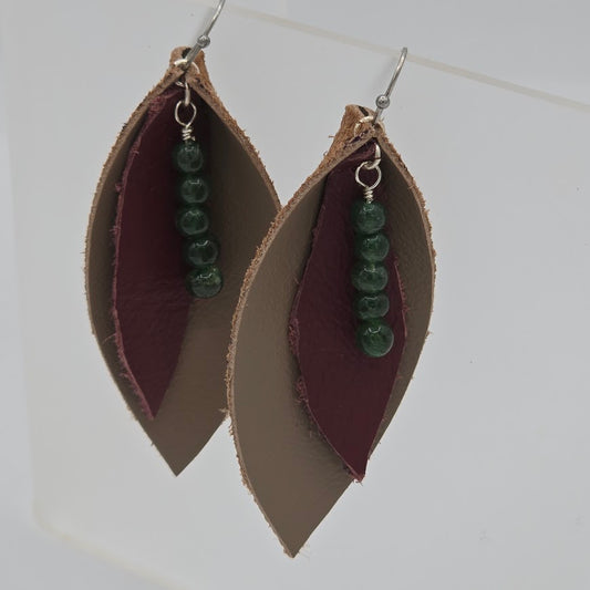 Taupe & Maroon Leaves With Green Aventurine Beads on Stainless Steel Ear Wires